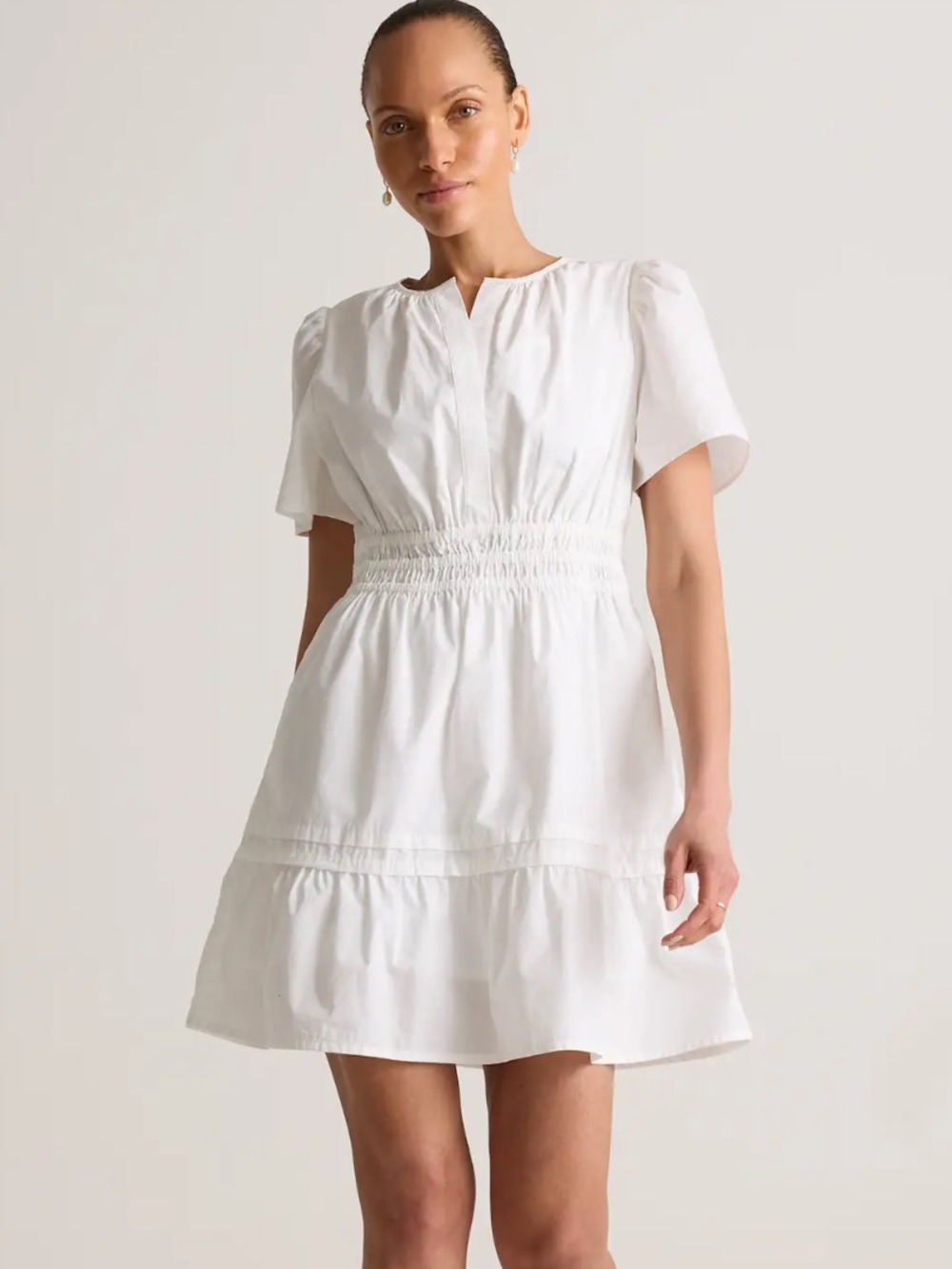 White Short-Sleeve V-Neck Mini Dress with Smocked Waist